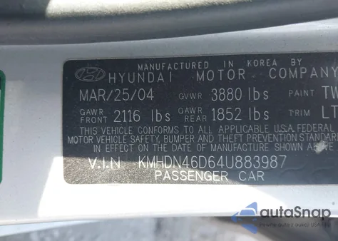2004 Hyundai Elantra Gls/Gt from USA, damaged, VIN KMHDN46D64U883987